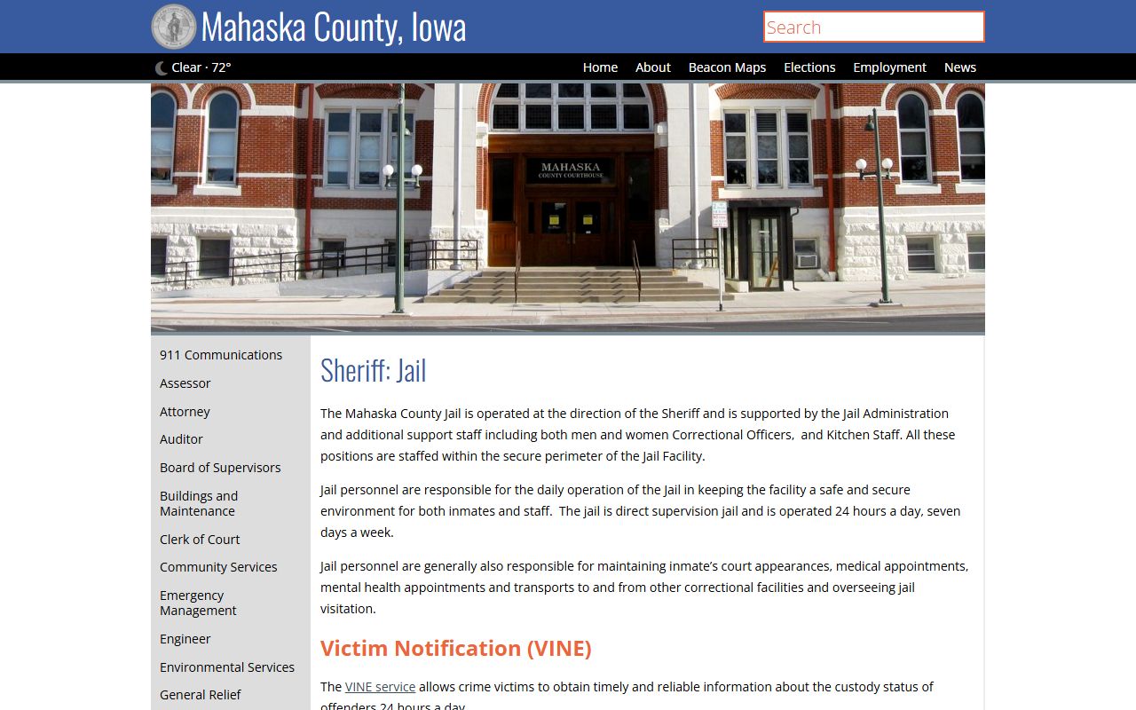 Mahaska County Jail inmate population and custody information page