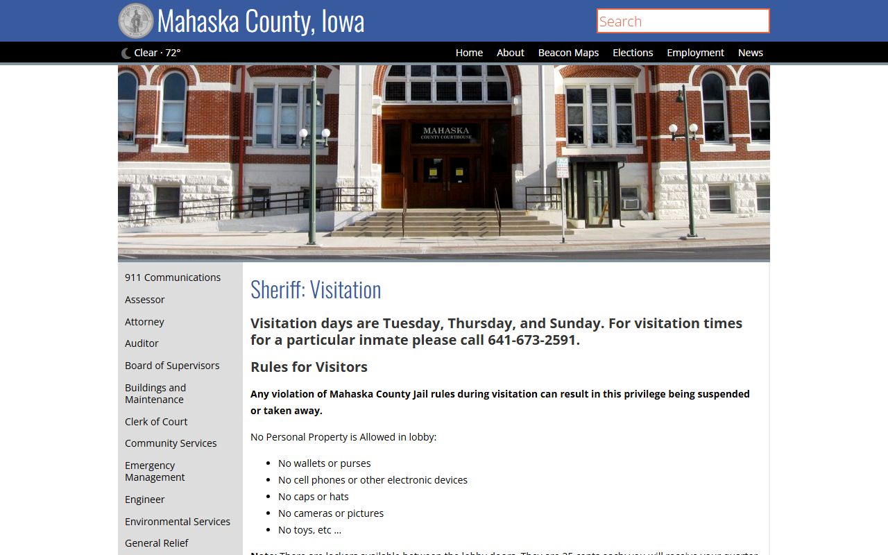 Mahaska County Jail visitation rules for inmate visits