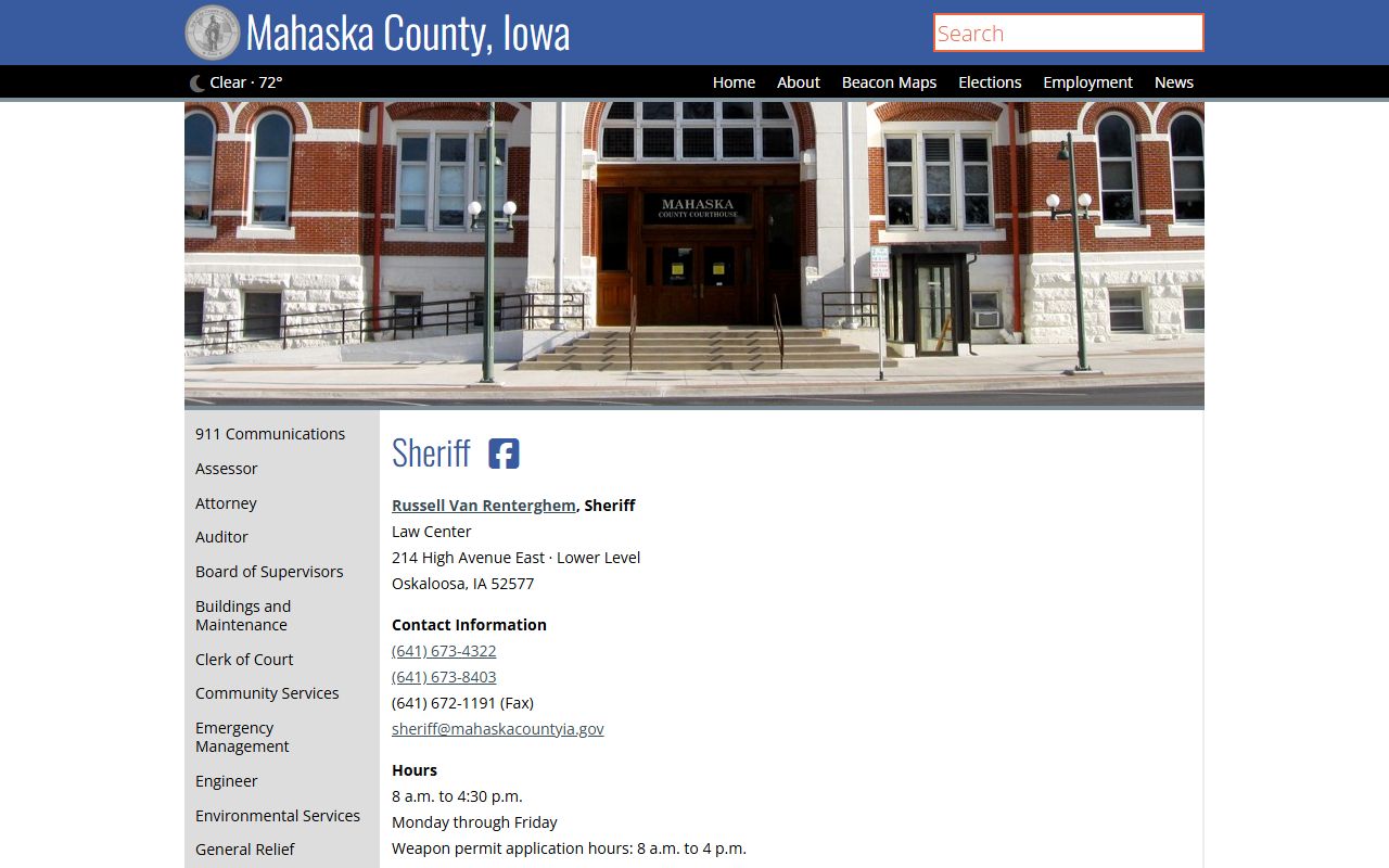 Mahaska County inmate records sheriff contact page